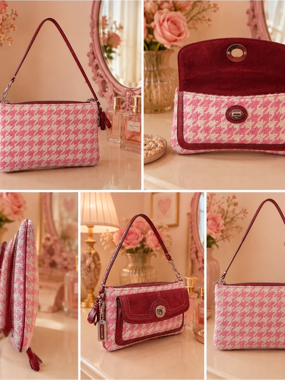 Coach Houndstooth Tweed Leather Suede Turnlock Wristlet Accessory Mini Bag Wool - Picture 2 of 5